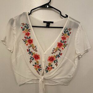 Forever21 Floral Embroidered Tie Front Crop Top
